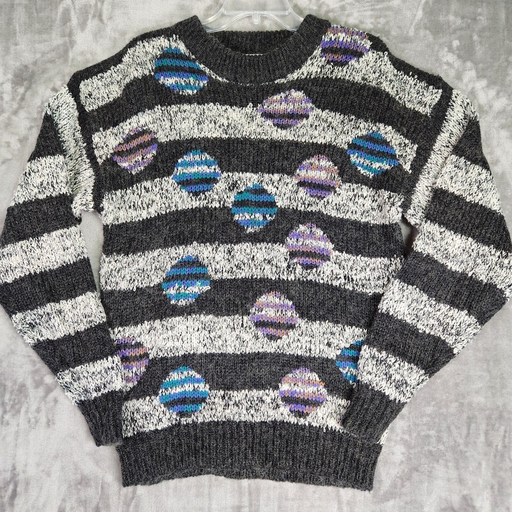 Vintage Koman Sweater‎ Mens L Gray Stripe Geometric Wool Blend Grandpa Cosby 80s